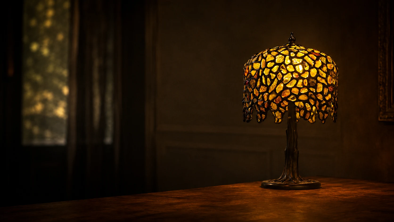 Bursztynowa lampa w nastrojowym wnętrzu