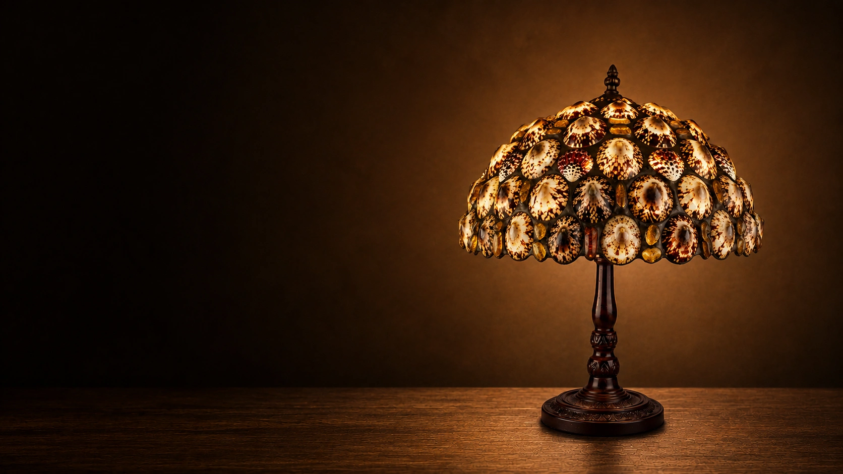 Lampa z naturalnych muszli i bursztynu w ciemnej aranżacji